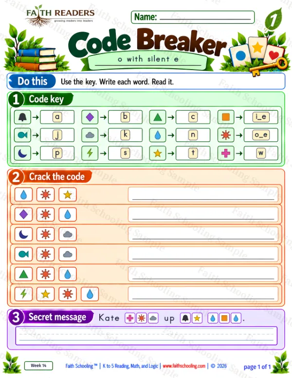 1st Grade phonics worksheet — Word Games & Puzzles. Code Breaker 2: note, bone, poke and joke