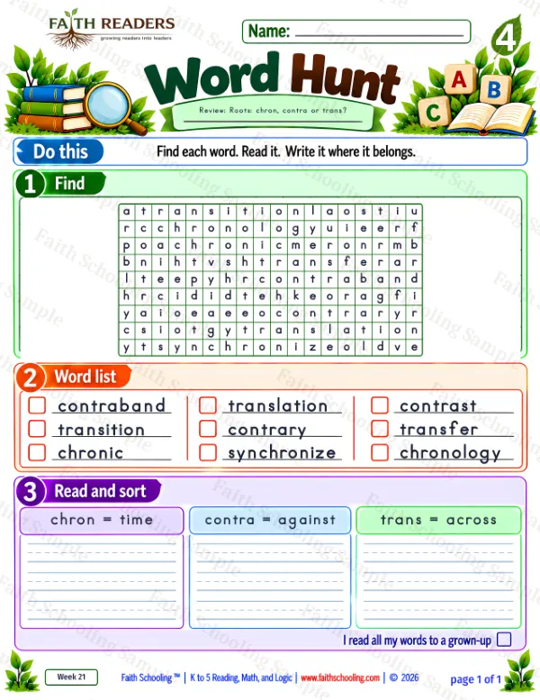 4th Grade vocabulary & word study worksheet — Greek Root: chron = time. Word Hunt 4: chron, contra and trans
