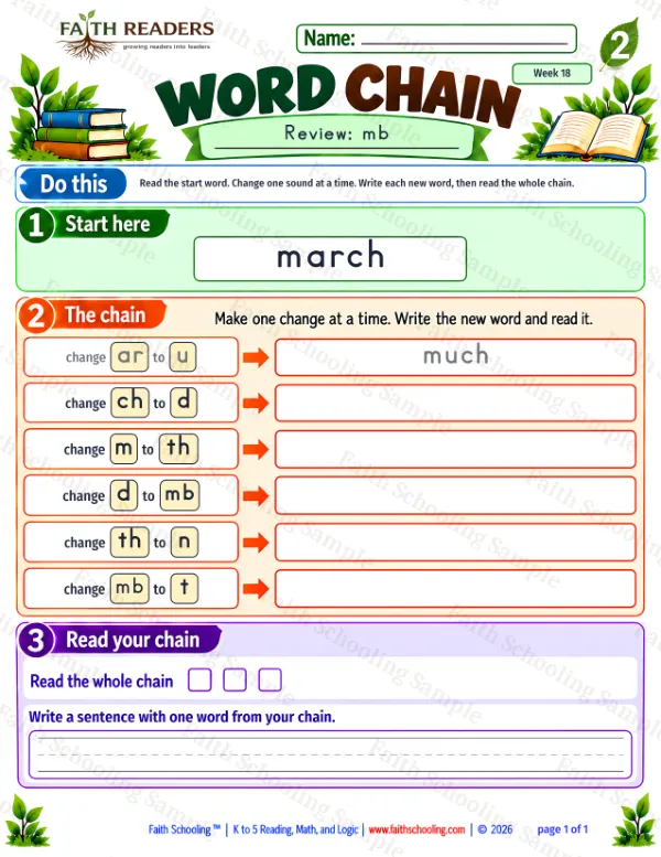 2nd Grade phonics worksheet — Silent Letters: mb. Word Chain 2: march to nut