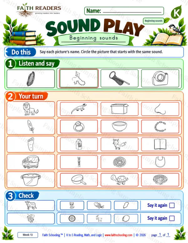 Kindergarten phonics worksheet — Beginning, Middle, and Ending Sounds. Sound Play 4: bee, bib, book and bowl
