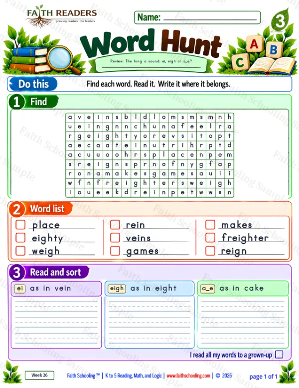 3rd Grade phonics worksheet — Word Hunt 3: Long A - eigh and ei