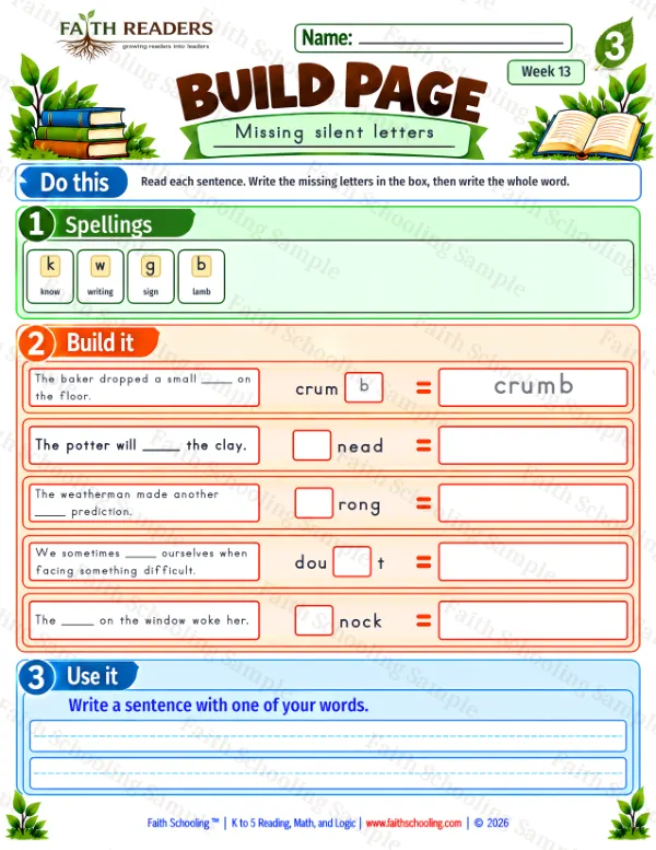 3rd Grade phonics worksheet — Build 1: Missing silent letters