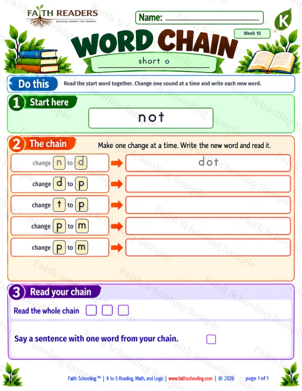 Kindergarten phonics worksheet — Short O. Word Chain 1: not to mom