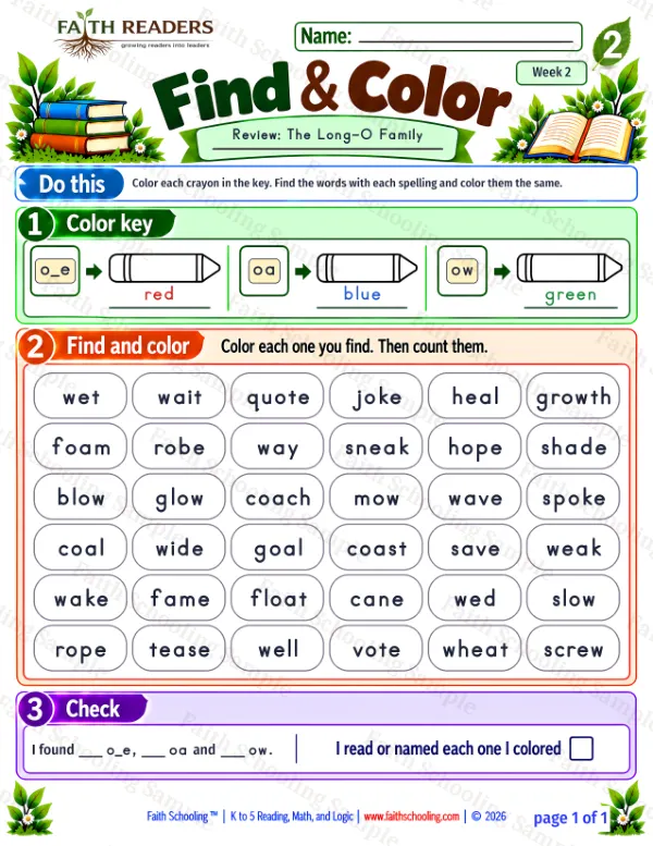 2nd Grade phonics worksheet — Find And Color 1: The Long-O Family
