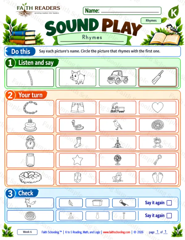 Kindergarten phonics worksheet — Phonemic Awareness. Sound Play 6: bird, box, cake and chain