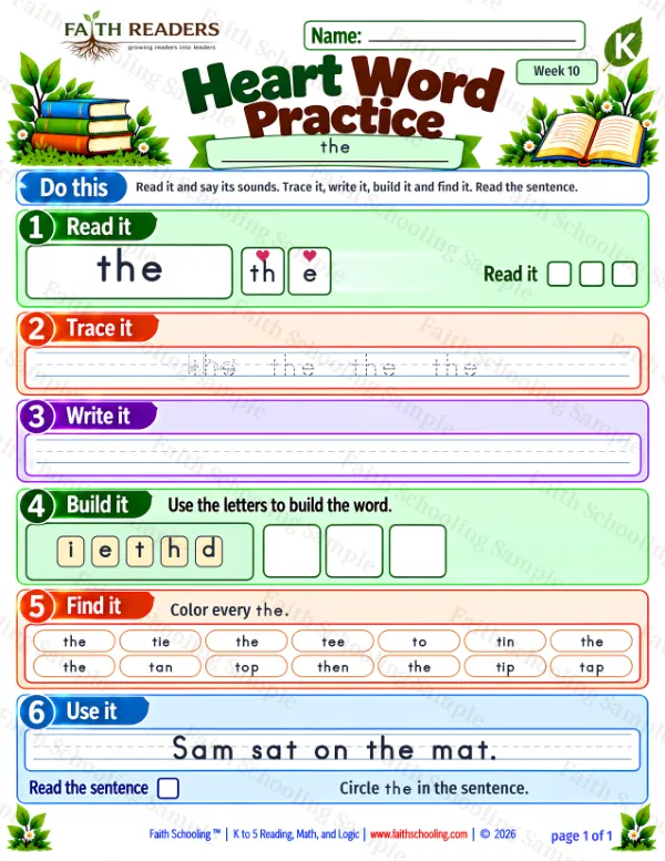 Kindergarten phonics worksheet — Sight Words. Heart Word Practice 2: the