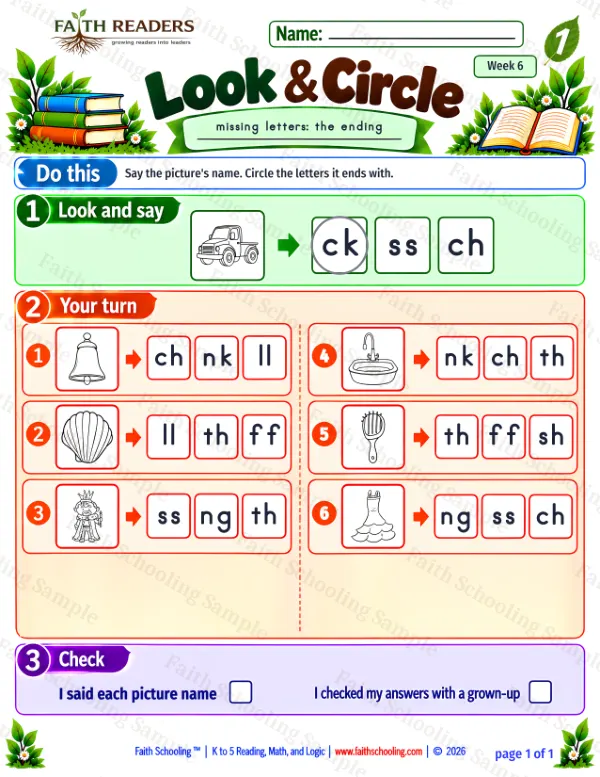1st Grade phonics worksheet — Missing & Hidden Letters. Look And Circle 5: bell, shell, king and sink