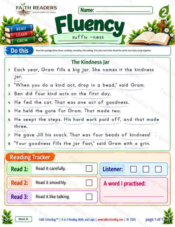 2nd Grade vocabulary & word study worksheet — Suffixes -ful, -less, -ness, -ment, -y, -ly. Fluency 3: Each year, Gram fills a big jar.