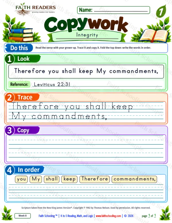 1st Grade grammar & writing worksheet — Copywork 7: Leviticus 22:31 (Integrity)