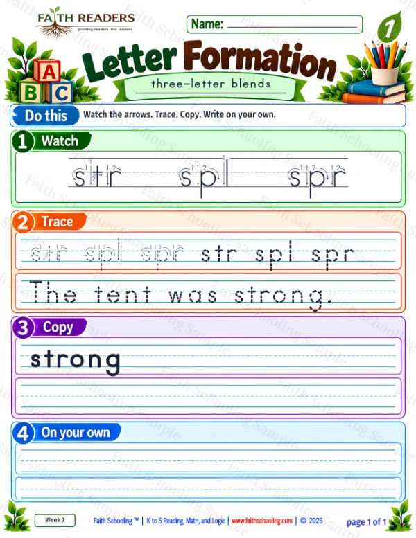 1st Grade grammar & writing worksheet — Letter Formation 7: str, spl and spr