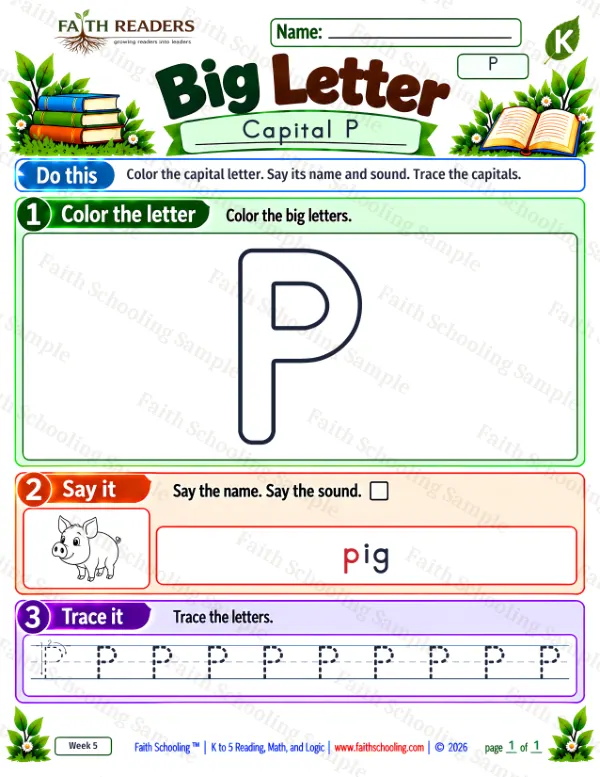 Kindergarten phonics worksheet — Uppercase Letters. Big Letter 4: the letter p (pig)