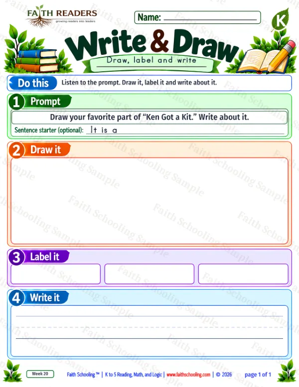 Kindergarten grammar & writing worksheet — Sentence Writing. Write And Draw 1: Draw your favorite part of “Ken Got a Kit.” Write about it. (free printable)