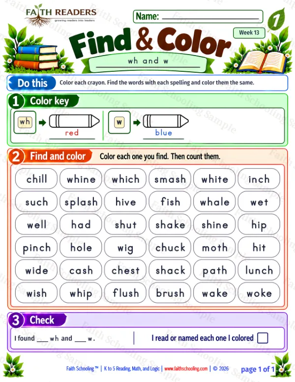 1st Grade phonics worksheet — The WH Sound. Find And Color 2: wh and w