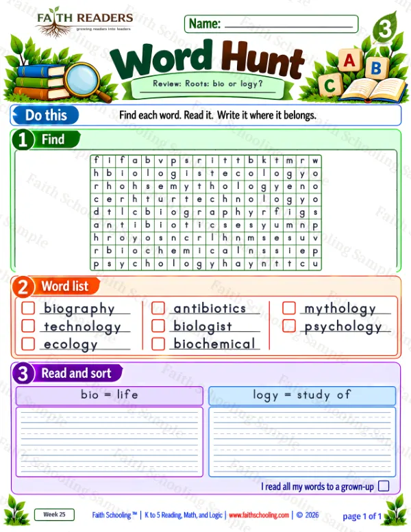 3rd Grade vocabulary & word study worksheet — Greek Root: bio = life. Word Hunt 3: bio and logy