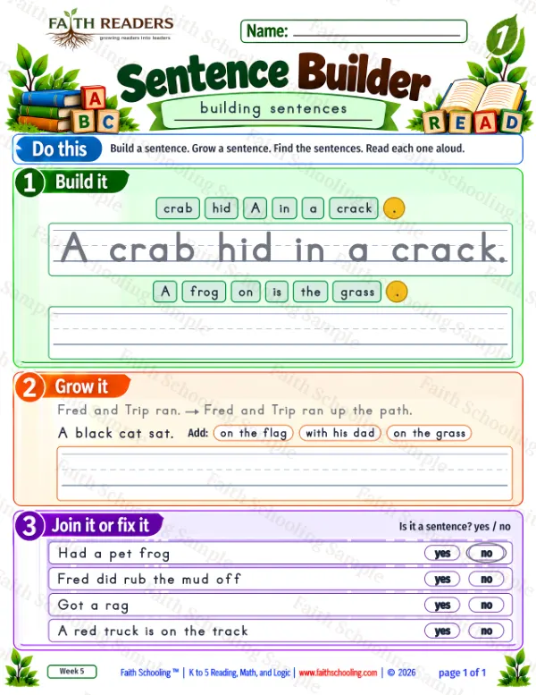 1st Grade grammar & writing worksheet — Sentence Building. Sentence Builder 4: A crab hid in a crack.