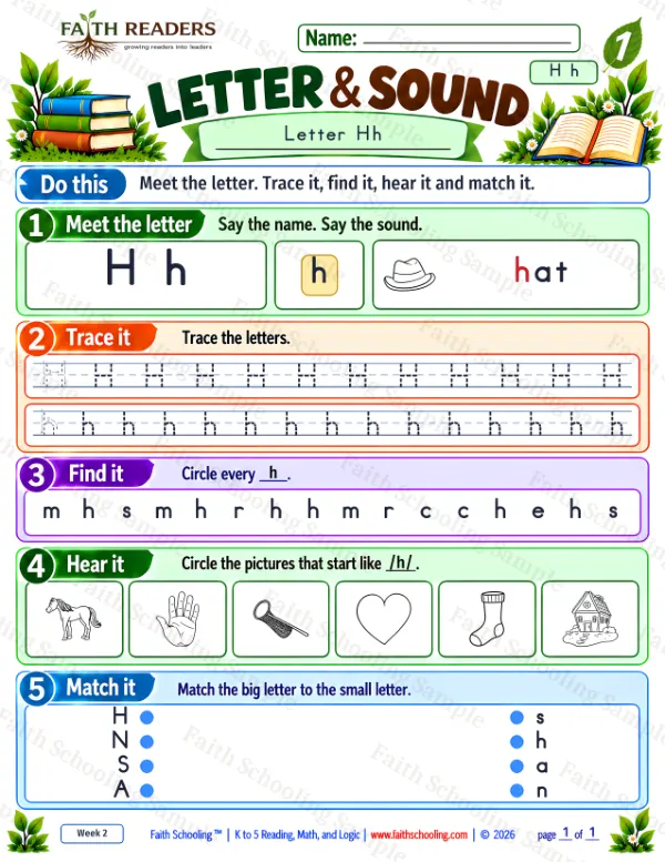 1st Grade phonics worksheet — Letter Recognition (b d p, m n h). Letter Sound 6: the letter h (hat)