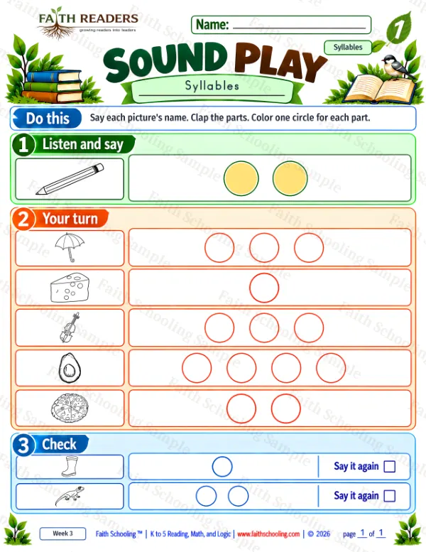 1st Grade phonics worksheet — Syllables. Sound Play 1: avocado, boot, cheese and lizard (free printable)