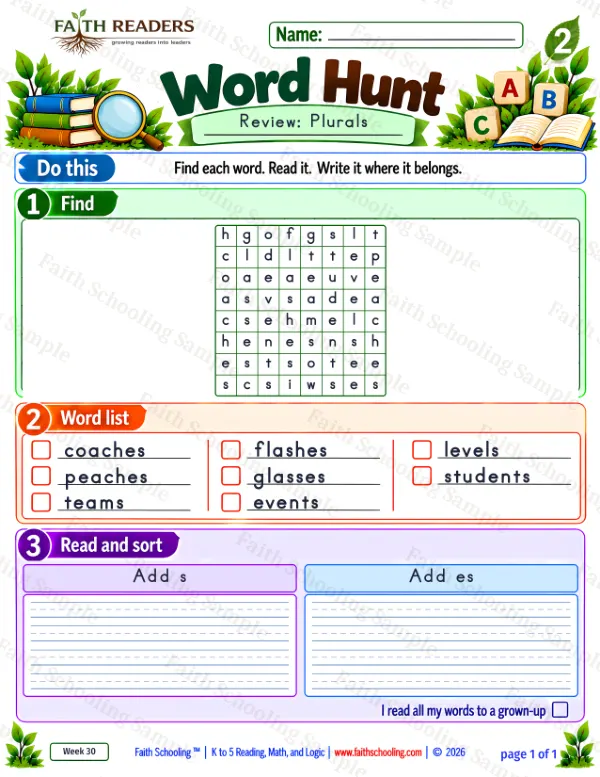 2nd Grade vocabulary & word study worksheet — Plural Rules: -es, y to ies, f to ves. Word Hunt 2: add-s and add-es