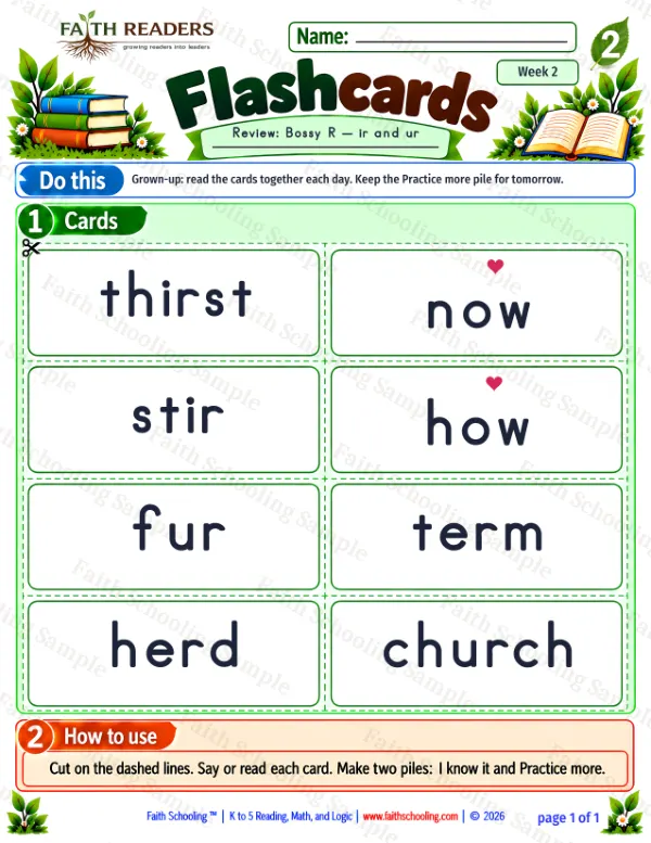 2nd Grade phonics worksheet — Flashcards 1: Bossy R — ir and ur