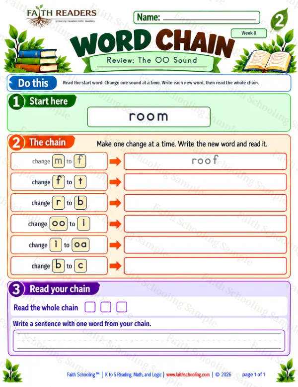 2nd Grade phonics worksheet — The OO Sound. Word Chain 2: room to coat