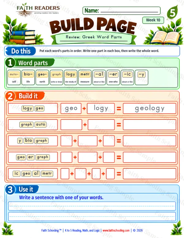 5th Grade phonics worksheet — Build 9: Review, Greek Word Parts