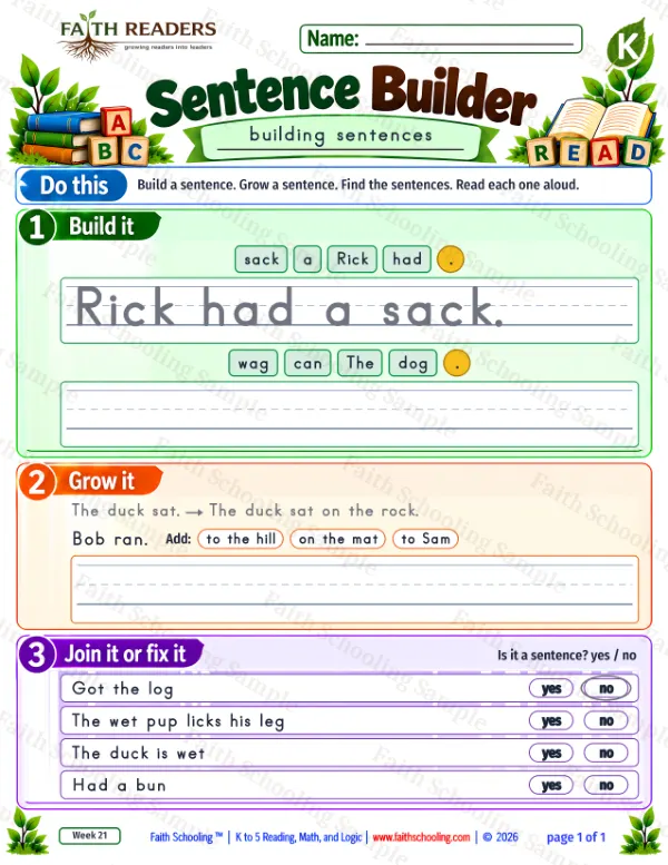 Kindergarten grammar & writing worksheet — Sentence Building. Sentence Builder 5: Rick had a sack.