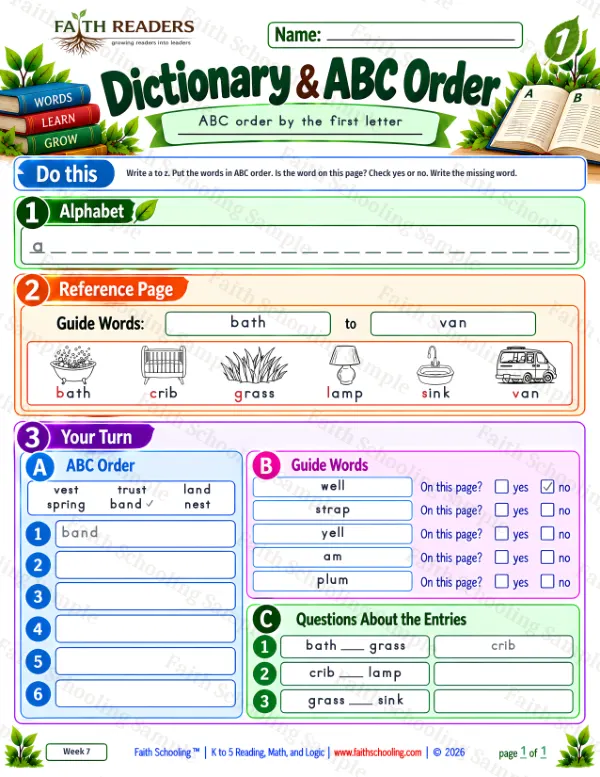 1st Grade phonics worksheet — Alphabetical Order & Picture Dictionary. Dictionary And ABC Order 7: bath, crib, grass and lamp