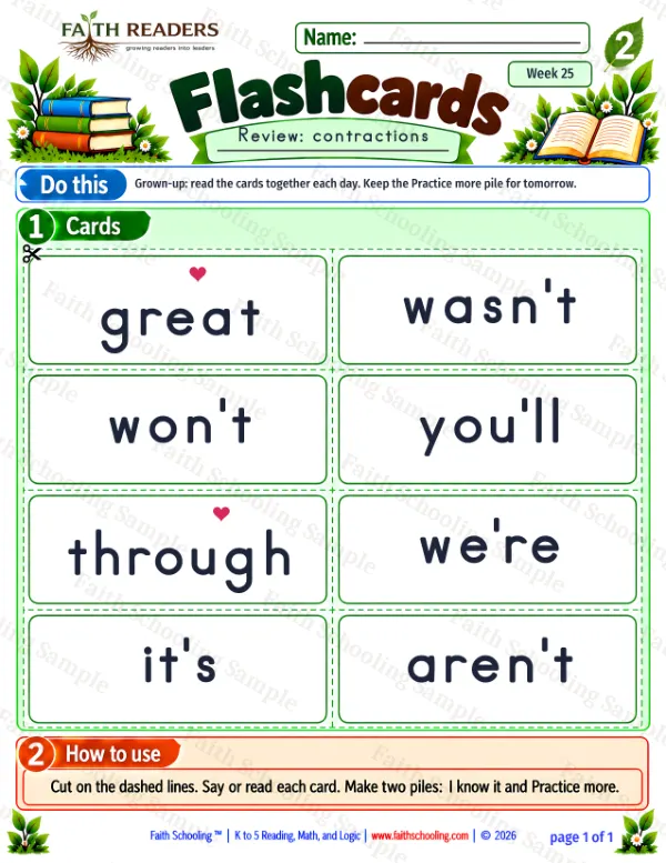 2nd Grade vocabulary & word study worksheet — Contractions. Flashcards 3: you'll, wasn't, won't and it's