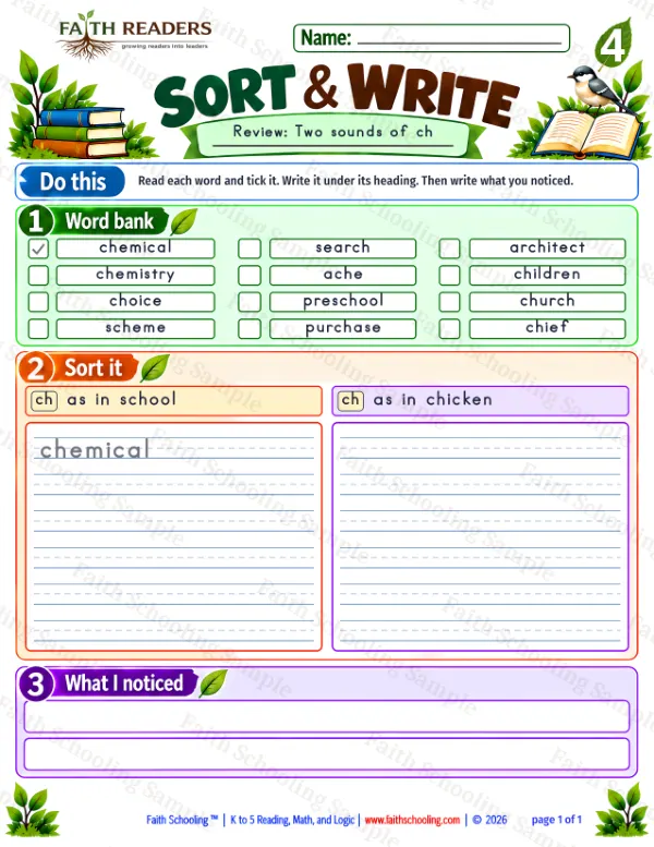 4th Grade phonics worksheet — Sort And Write 2: When CH Says /K/
