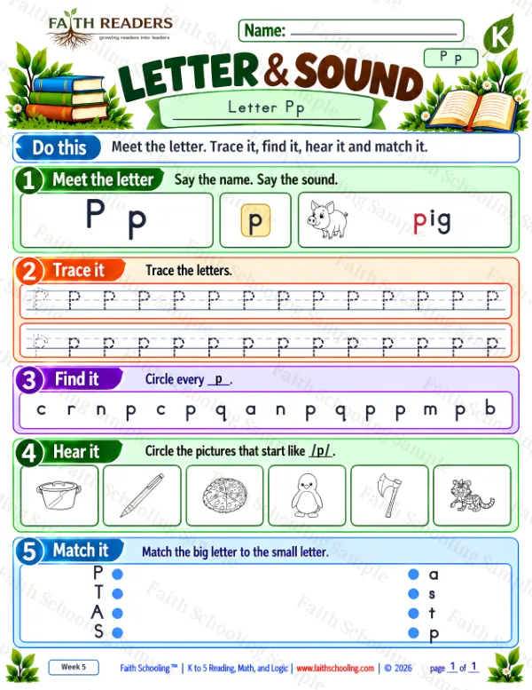 Kindergarten phonics worksheet — Letter Recognition. Letter Sound 4: the letter p (pig)