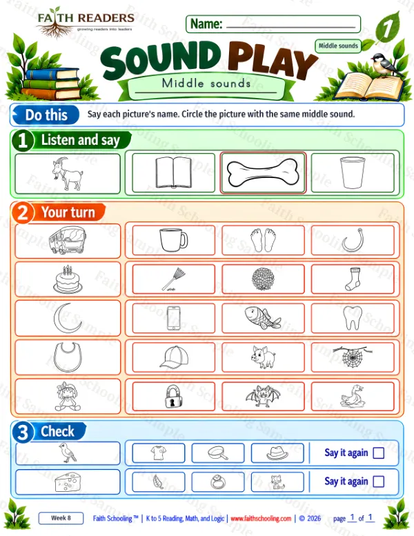 1st Grade phonics worksheet — Phonemic Awareness. Sound Play 8: bat, bib, bird and bone