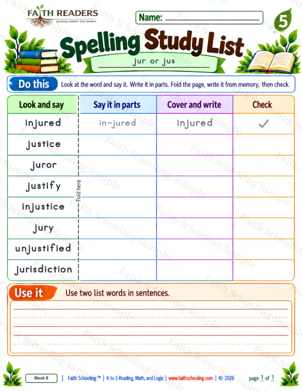 5th Grade phonics worksheet — Spelling Study List 7: injured, justice, juror and justify