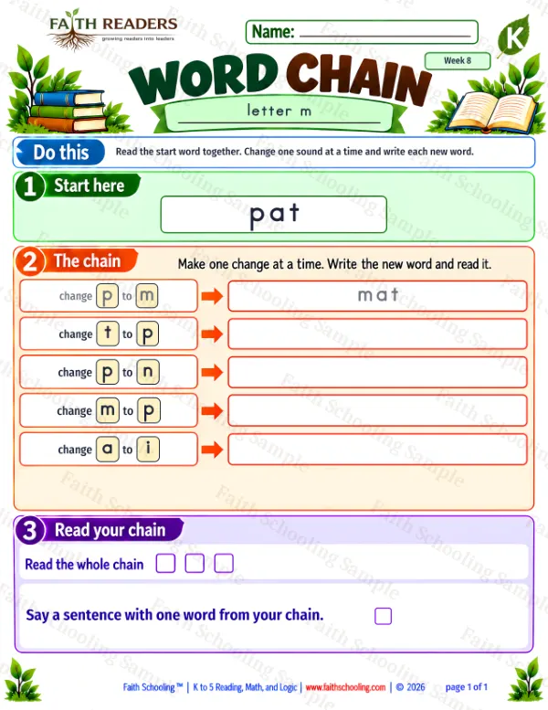 Kindergarten phonics worksheet — Short a. Word Chain 2: pat to pin