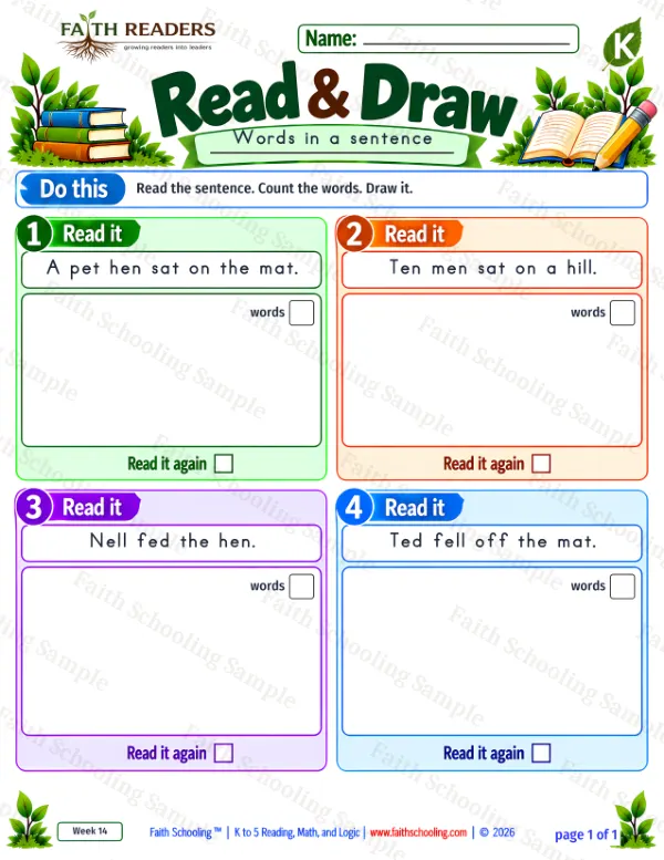 Kindergarten grammar & writing worksheet — Sentences. Read And Draw 3: A pet hen sat on the mat.