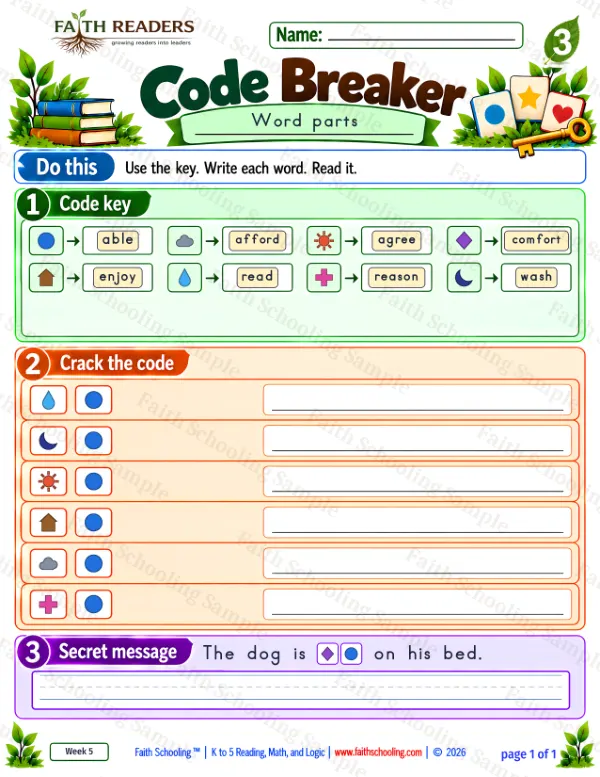 3rd Grade phonics worksheet — Word Games & Puzzles. Code Breaker 4: readable, washable, agreeable and enjoyable