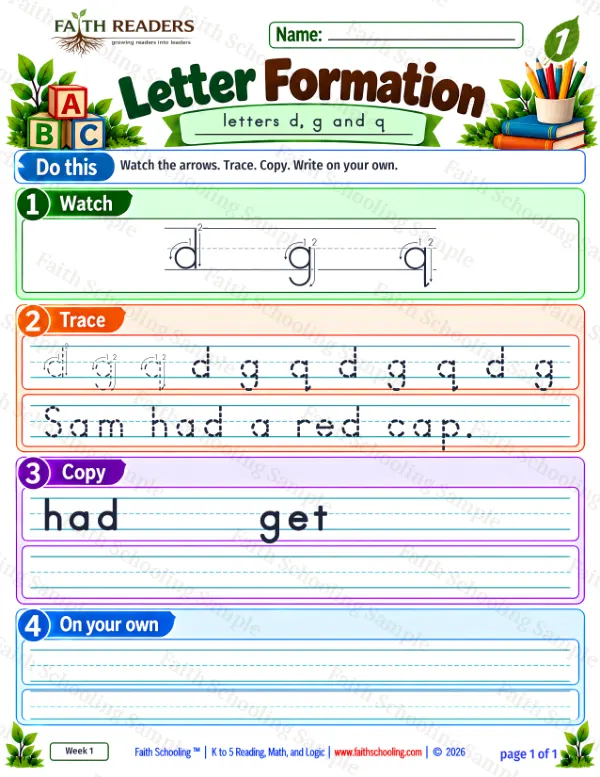 1st Grade grammar & writing worksheet — Letter Formation 1: d, g and q (free printable)