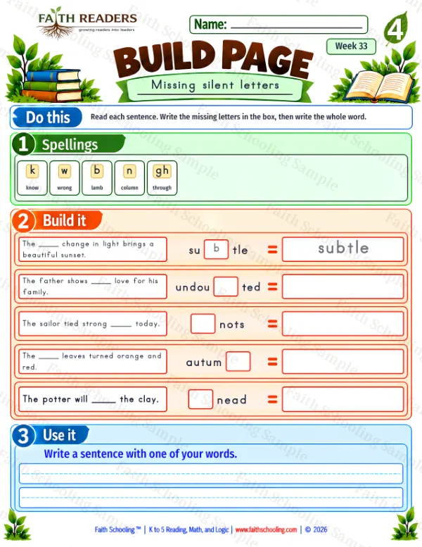 4th Grade phonics worksheet — Build 2: Missing silent letters