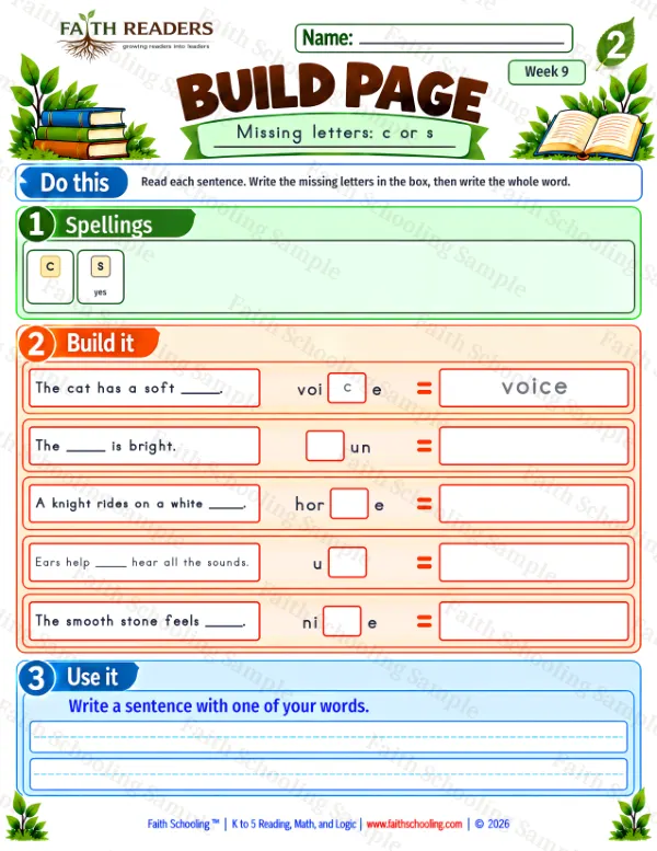 2nd Grade phonics worksheet — Missing & Hidden Letters. Build 1: c or s (free printable)