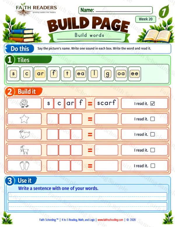 1st Grade phonics worksheet — Bossy R (r-controlled vowels). Build 1: scarf, star, seal and goat