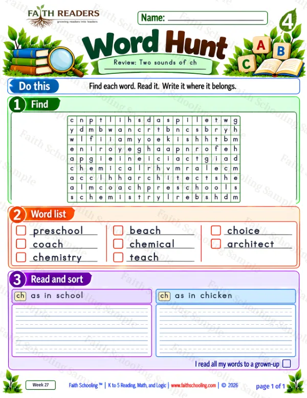 4th Grade phonics worksheet — Word Hunt 4: When CH Says /K/