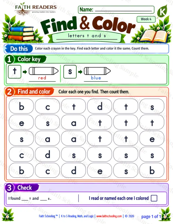 Kindergarten phonics worksheet — Find the Letter. Find And Color 5: t and s