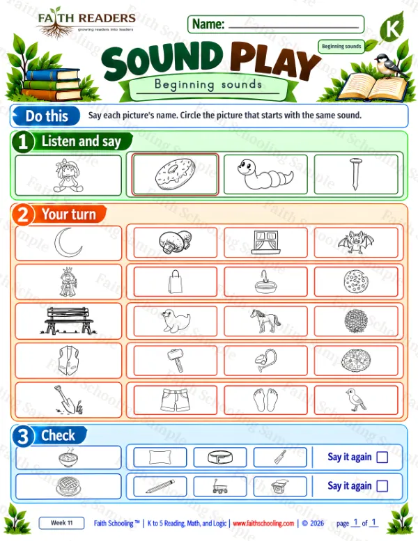Kindergarten phonics worksheet — Beginning, Middle, and Ending Sounds. Sound Play 2: bag, bat, belt and bench