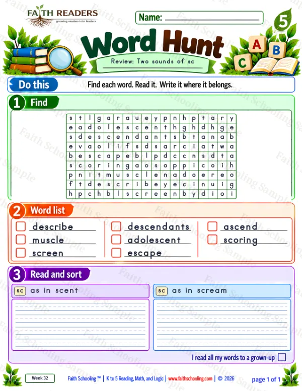 5th Grade phonics worksheet — Word Hunt 3: Silent C in SC - The S Takes Over