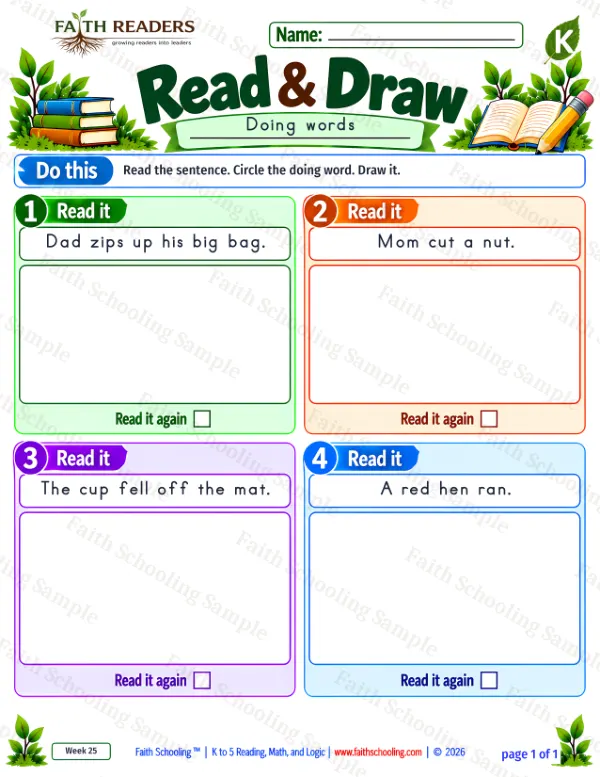 Kindergarten grammar & writing worksheet — Parts of Speech. Read And Draw 5: Dad zips up his big bag.