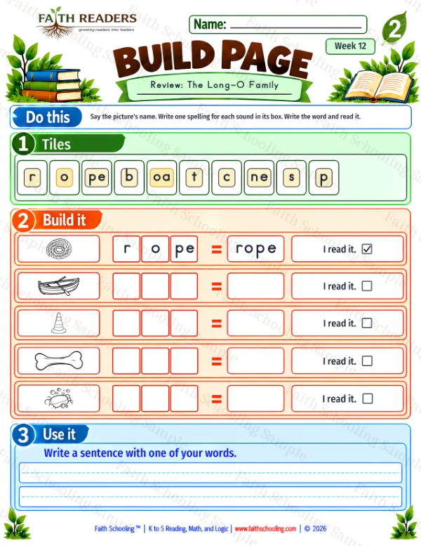 2nd Grade phonics worksheet — Word Building & Unscramble. Build 7: rope, boat, cone and bone