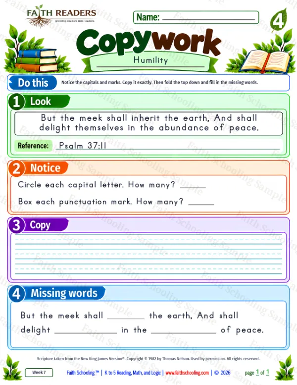 4th Grade grammar & writing worksheet — Copywork 6: Psalm 37:11 (Humility)