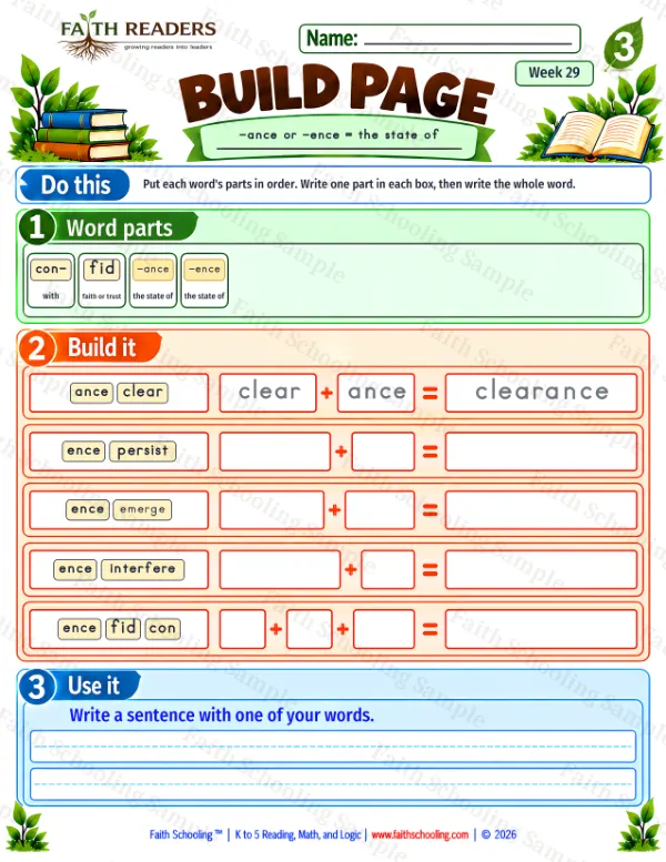 3rd Grade vocabulary & word study worksheet — Build 1: -ance or -ence = the state of