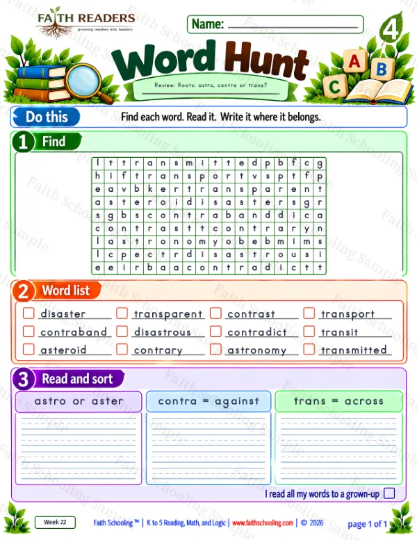 4th Grade vocabulary & word study worksheet — Greek Root: astro, aster = star. Word Hunt 4: astro or aster