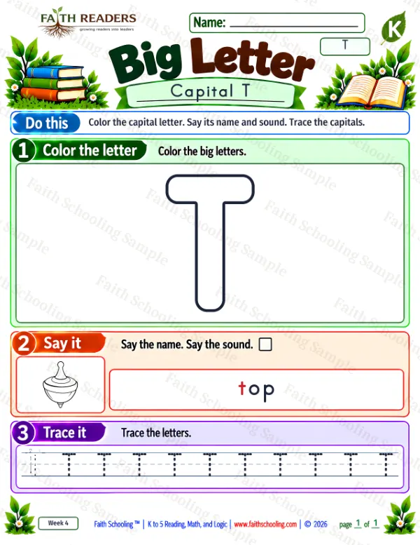 Kindergarten phonics worksheet — Uppercase Letters. Big Letter 3: the letter t (top)