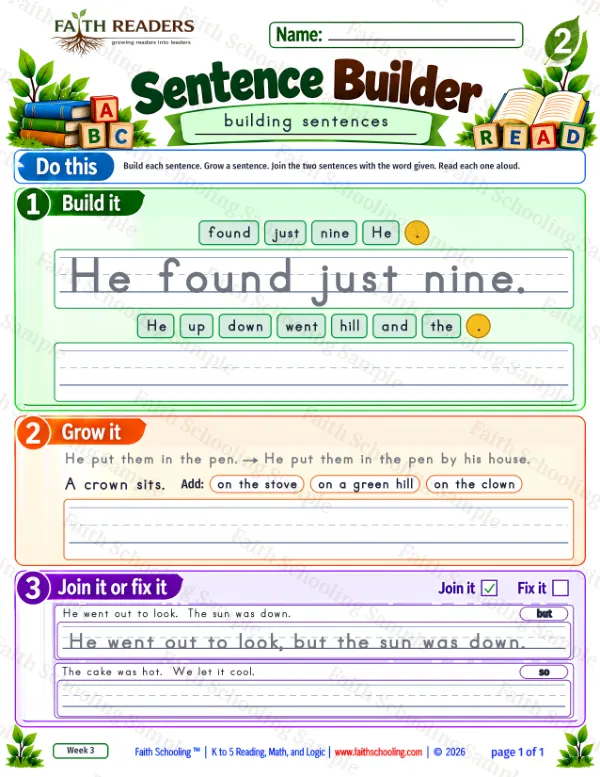 2nd Grade grammar & writing worksheet — Sentence Building. Sentence Builder 7: He found just nine.